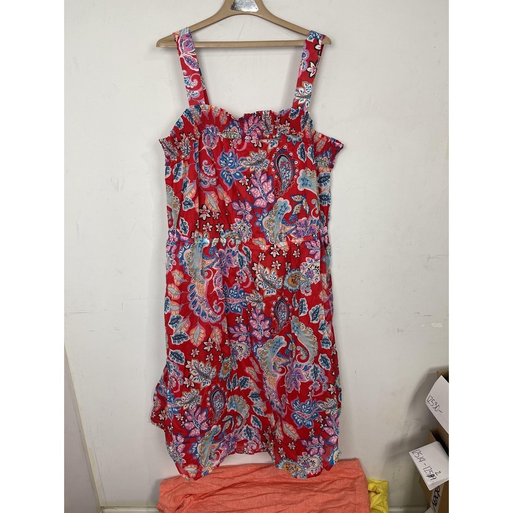 Talbots Dress Womens 22W Red Paisley Floral Sundress Plus Tiered Coastal‎ Beachy